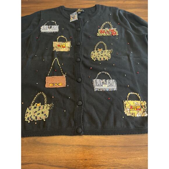 Quacker Factory Cardigan Sweater Wmns Sz 1X Black Bead Sequin Purses Grandmacore - Picture 2 of 9